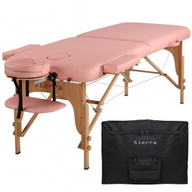 Pat masaj portabil, cadru lemn, Sierra, roz, 2 zone, saltea 8cm, suport brate