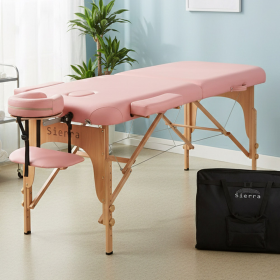 Pat masaj portabil, cadru lemn, Sierra, roz, 2 zone, saltea 8cm, suport brate